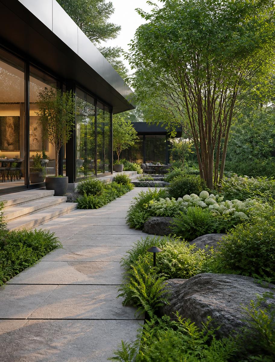 Garden path and greenery facing a modern glass-walled home