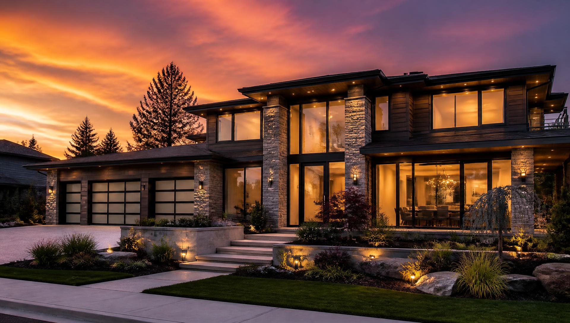 Modern home exterior at sunset with warm interior lighting and landscaped garden
