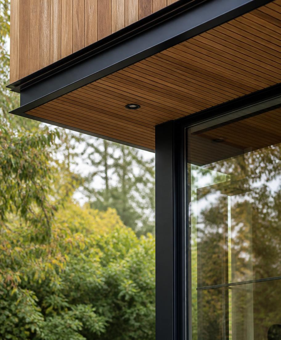 Architectural detail of warm wood soffit and glass corner