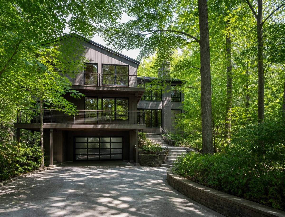 Peaceful home surrounded by mature trees and greenery