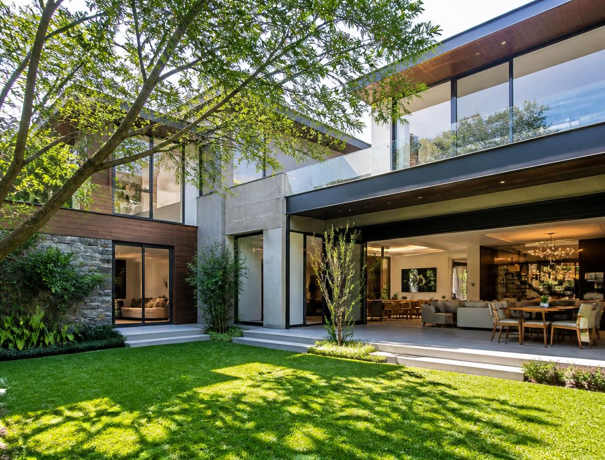 Modern family home with green garden and mature trees