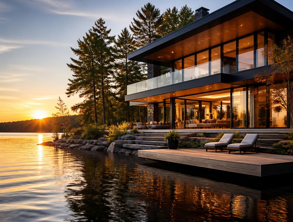 Contemporary luxury home beside a calm lake at golden hour
