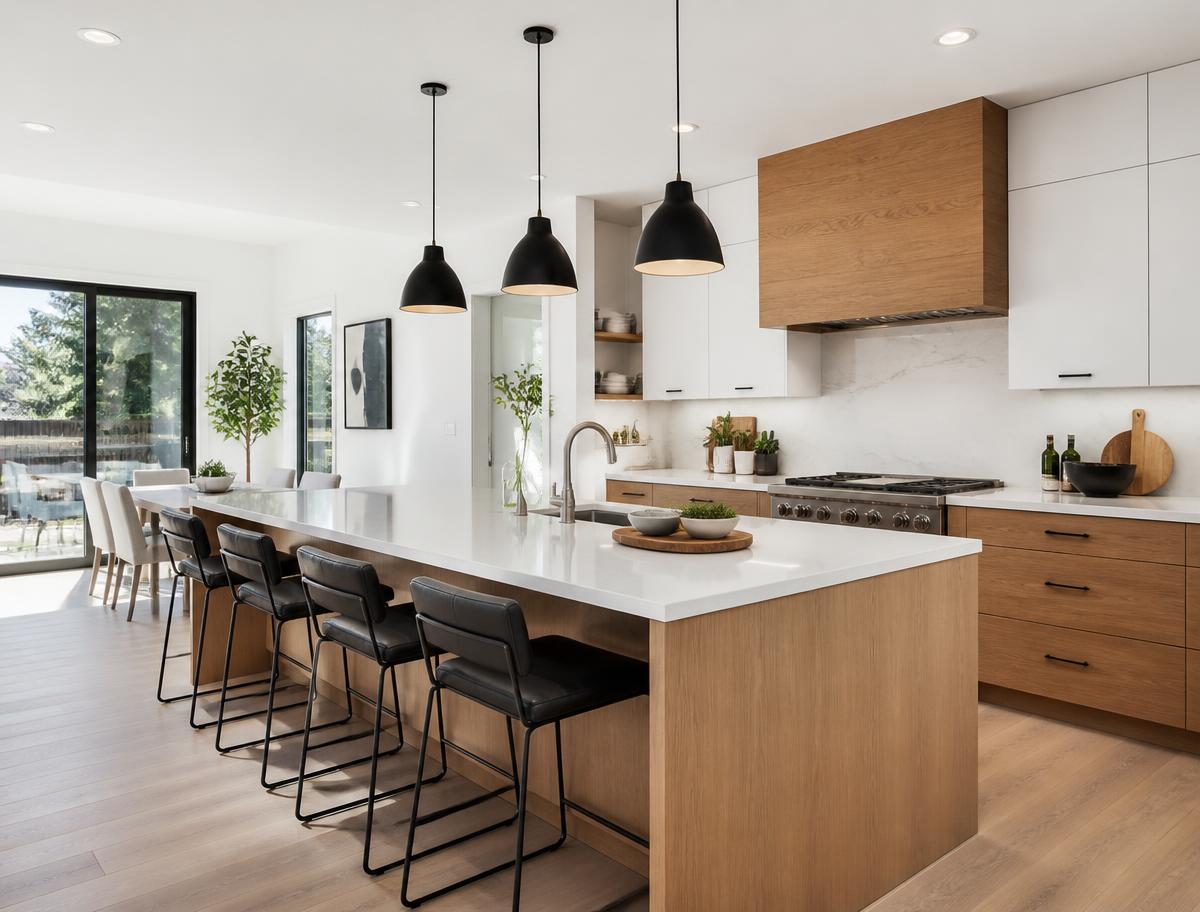 Modern family kitchen with warm white and natural wood finishes