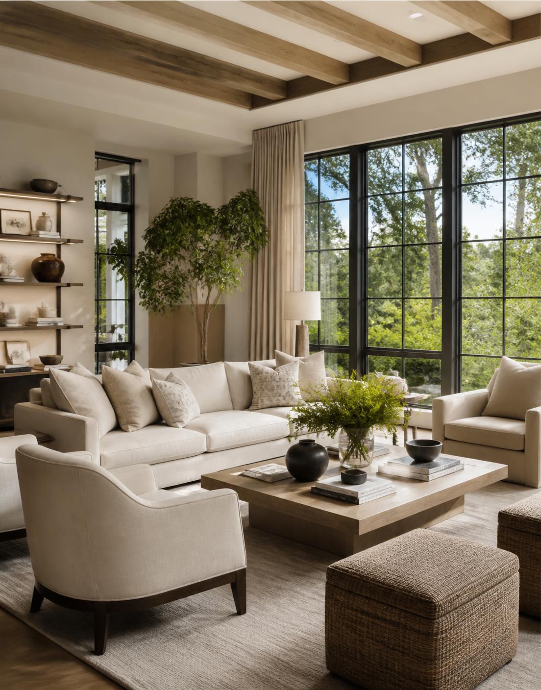 Bright luxury living room with warm neutral furniture and greenery outside