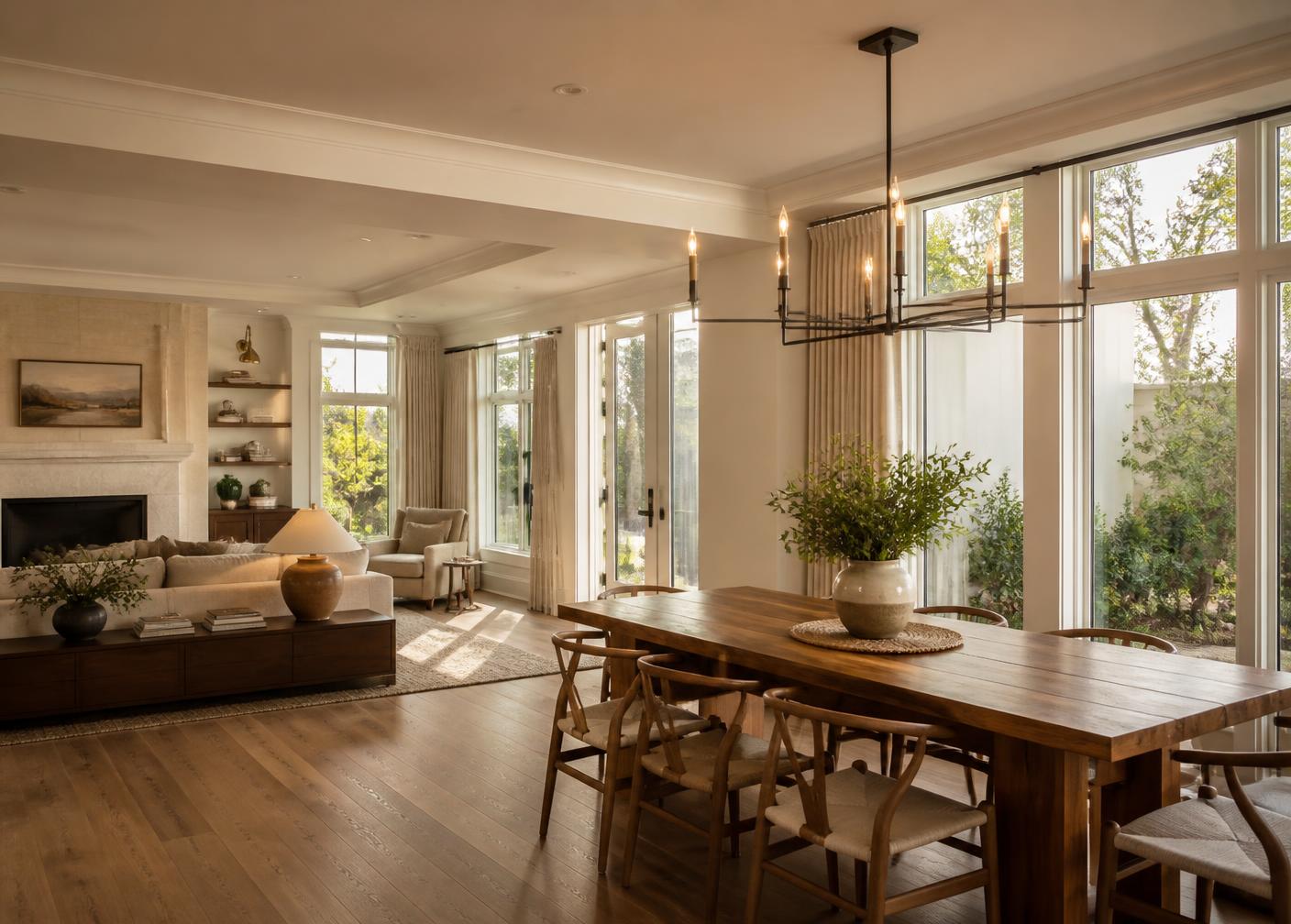 Warm family living and dining space with tall windows and soft afternoon light